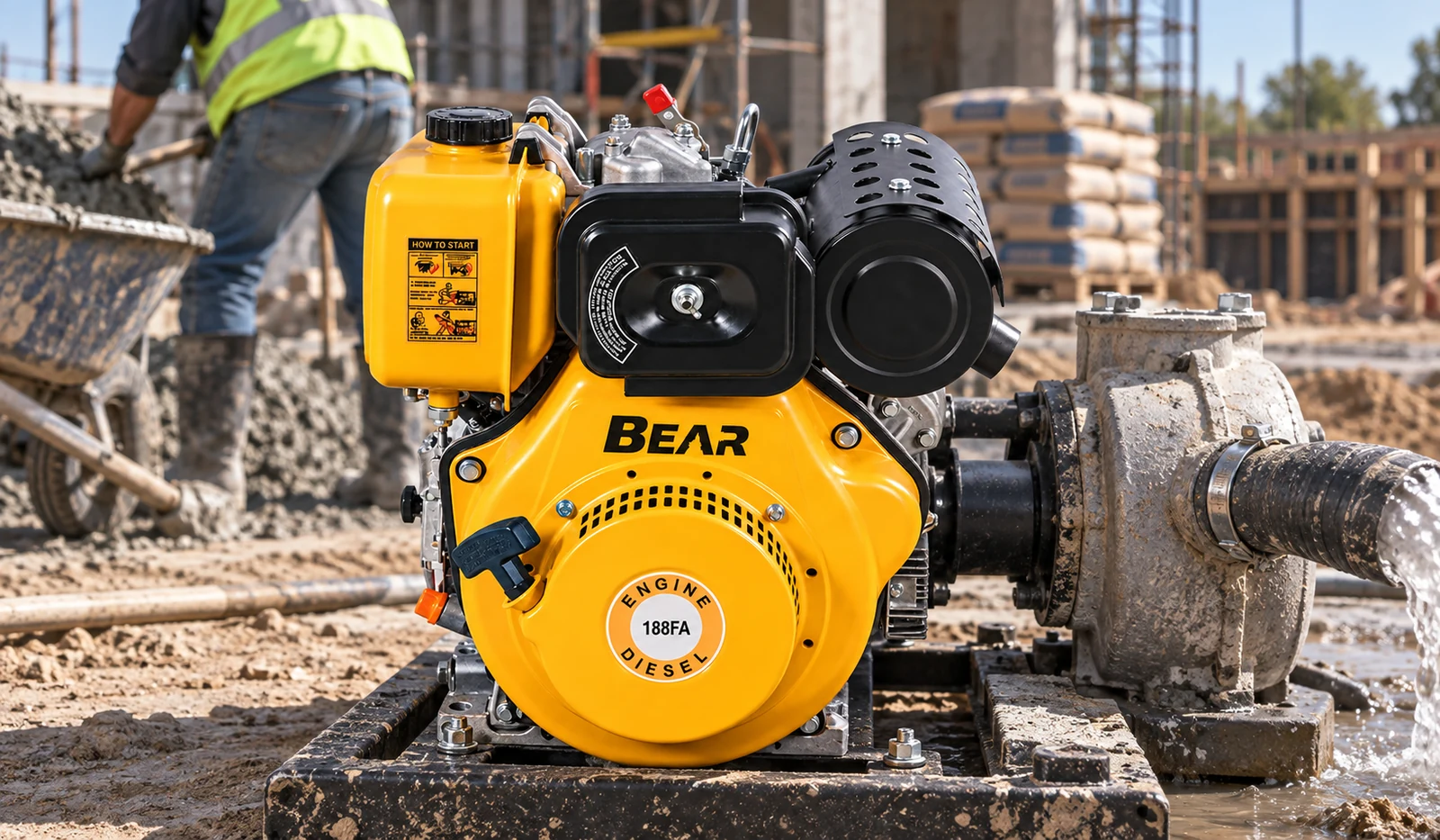 Yellow BEAR single-cylinder diesel engine in an outdoor construction-equipment setting