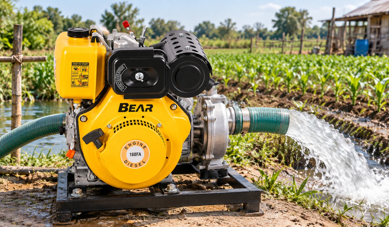 Yellow BEAR single-cylinder diesel engine beside irrigation equipment in a field