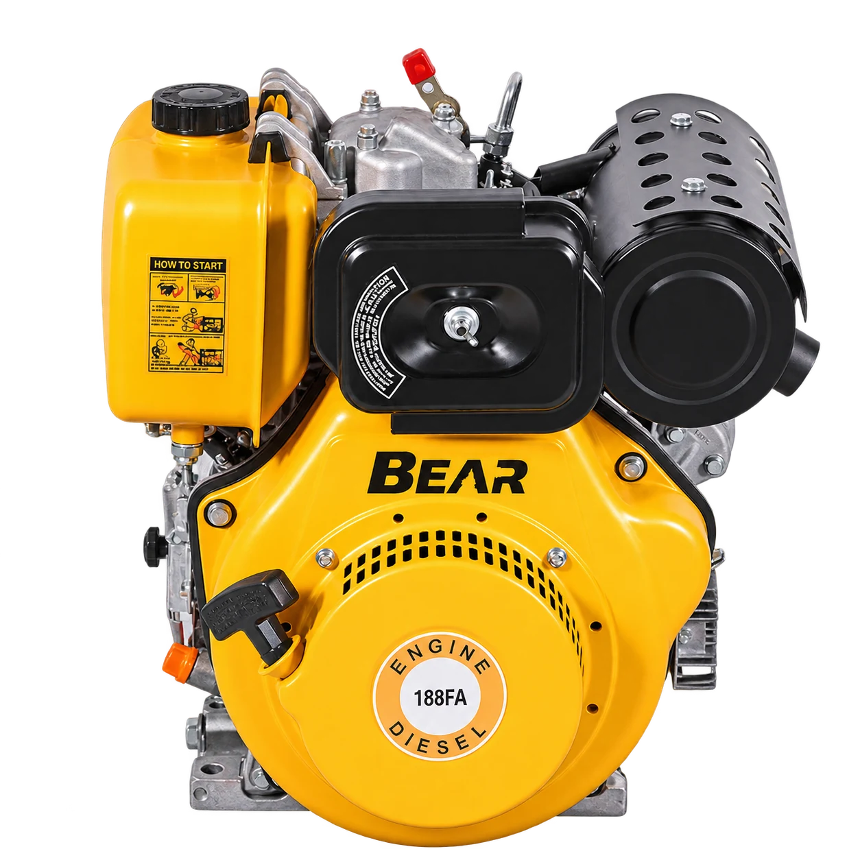 Yellow BEAR single-cylinder diesel engine viewed from the recoil-starter side