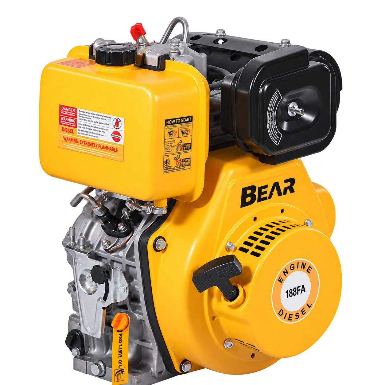Yellow BEAR single-cylinder diesel engine with fuel tank and recoil housing, three-quarter view