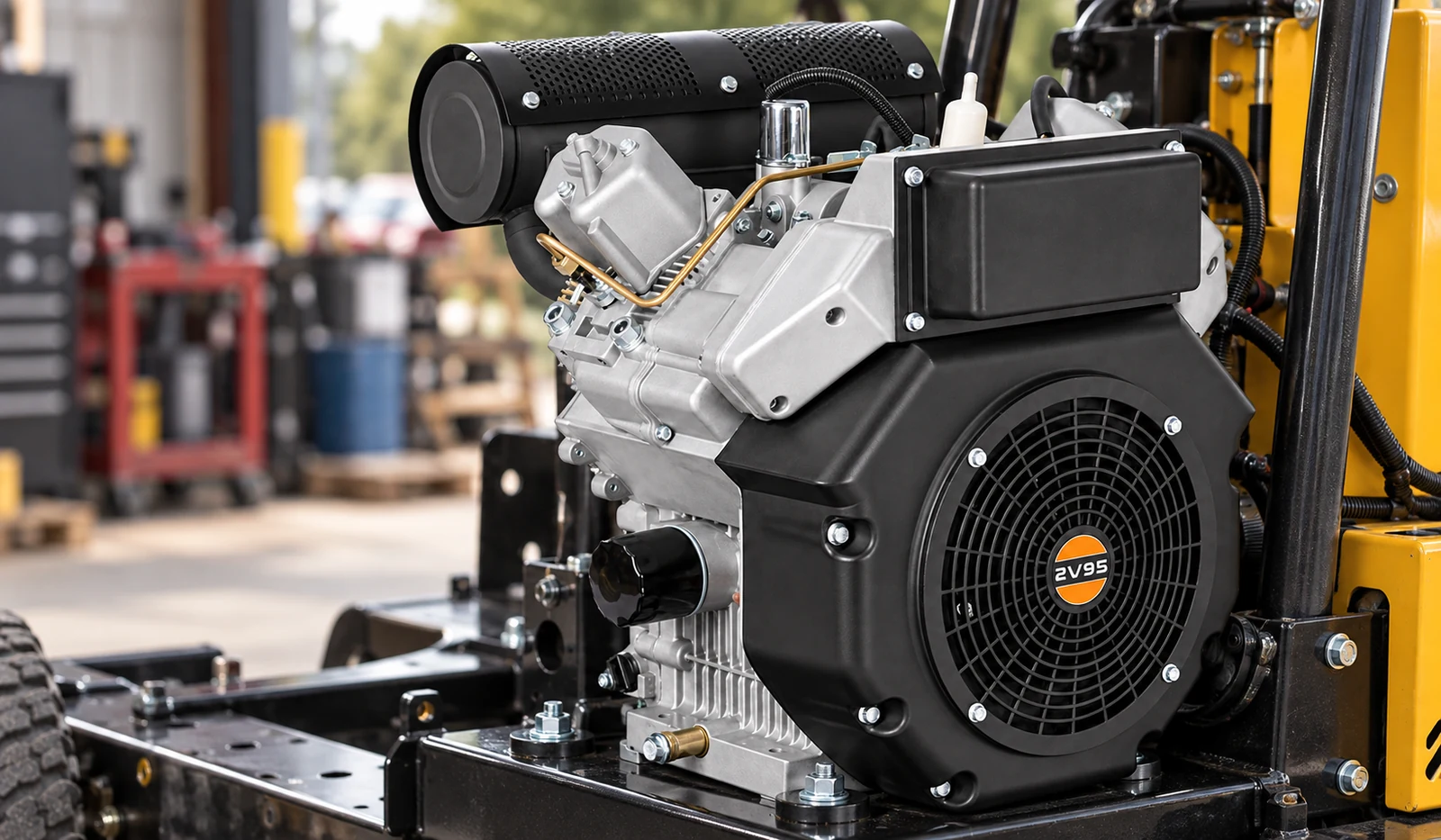 V-twin diesel engine on an equipment frame beside a workshop