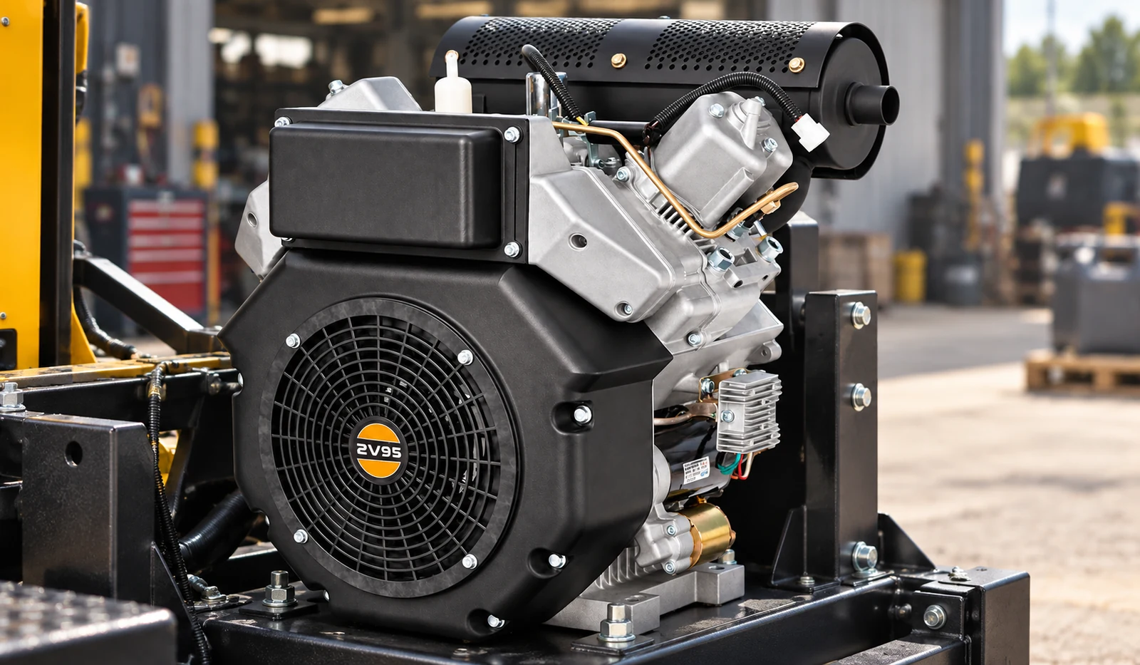V-twin diesel engine on a mounting frame in an outdoor equipment setting