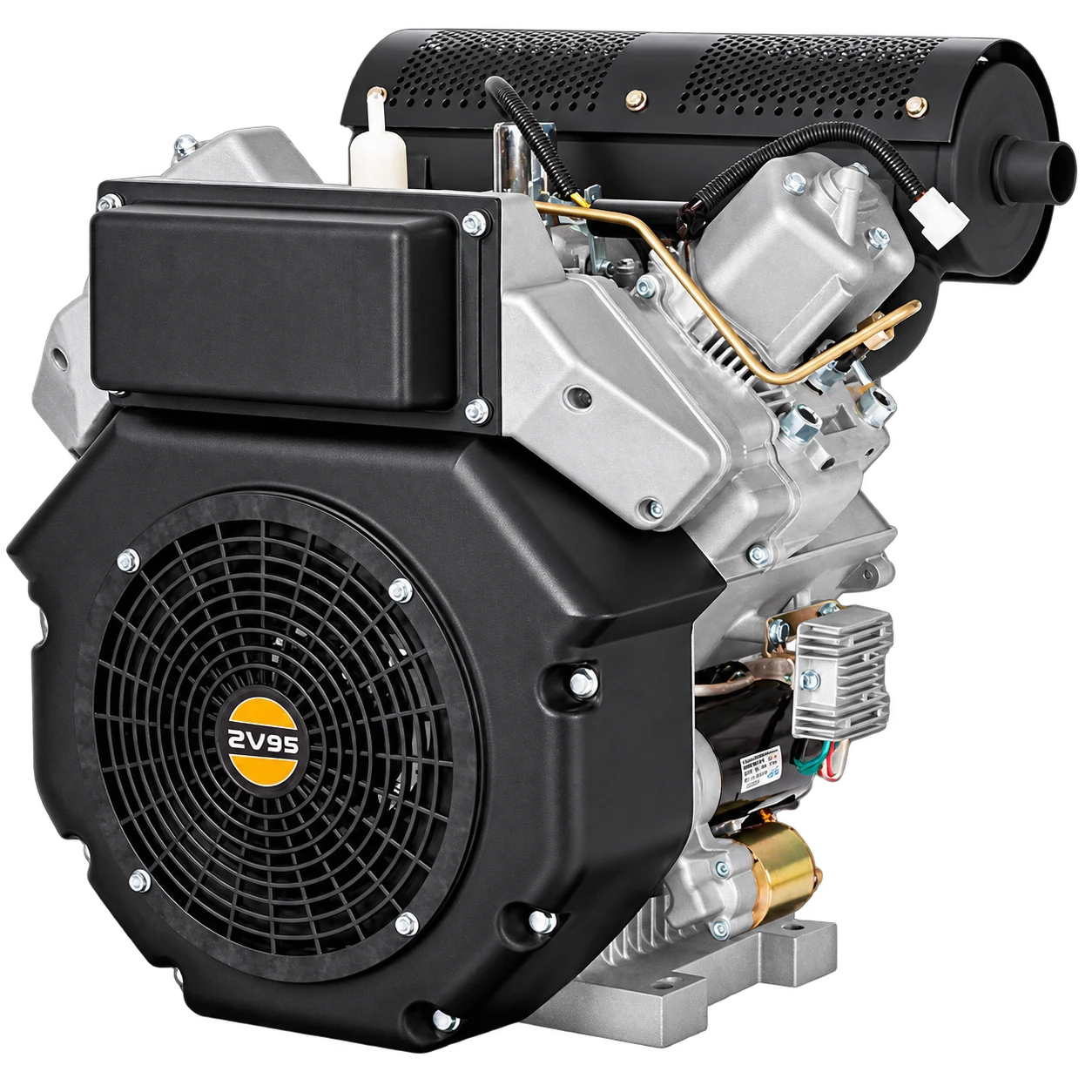 V-twin diesel engine with a black flywheel housing, front three-quarter view