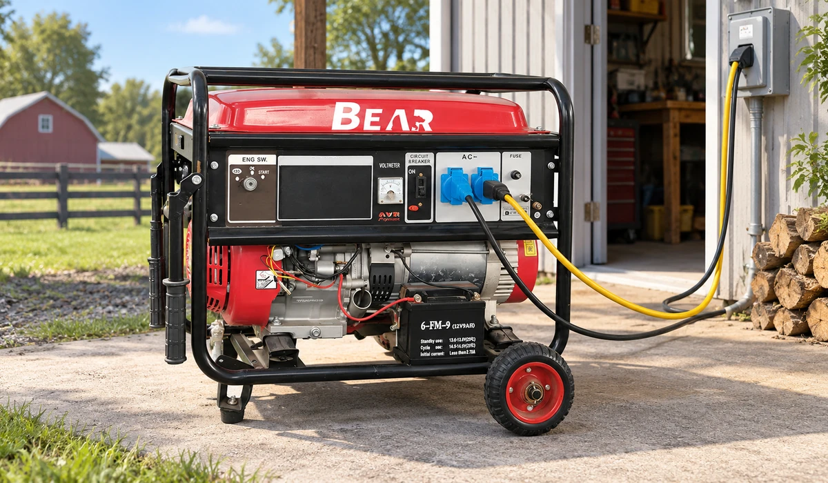 Red BEAR 4200W open-frame gasoline generator in an outdoor utility-yard planning scene