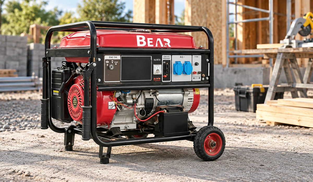 Red BEAR 4200W open-frame gasoline generator in an open-air worksite planning scene