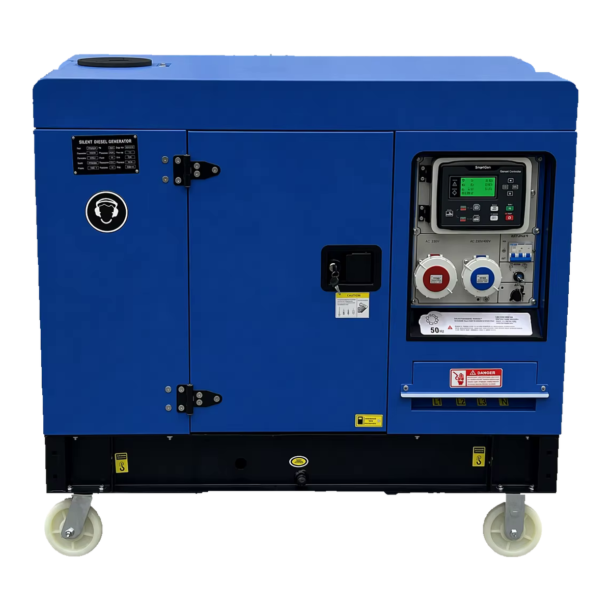 Control-panel-side view of a dark-blue BEAR enclosed generator