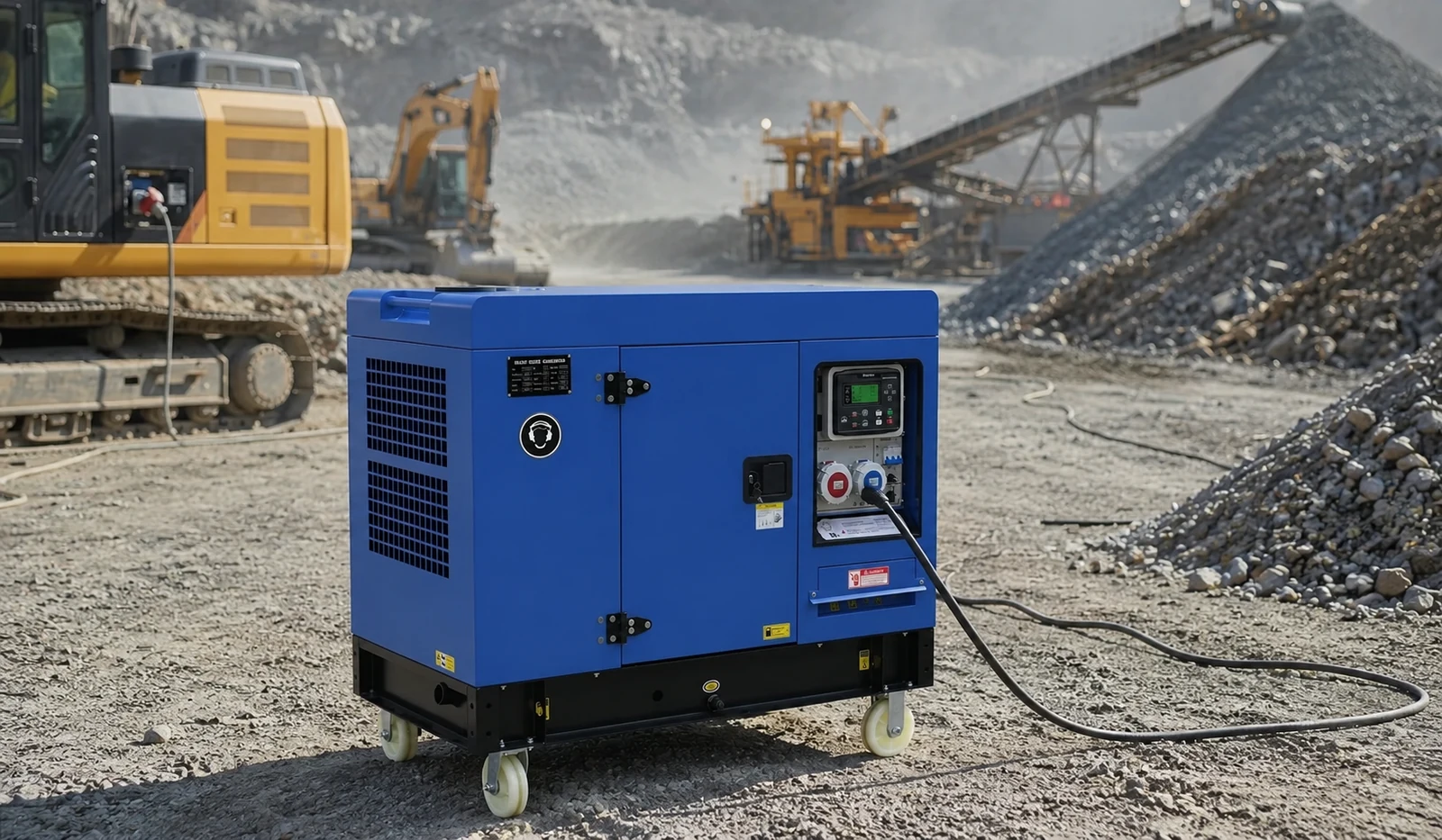 Dark-blue enclosed generator in an open quarry setting with heavy equipment in the background