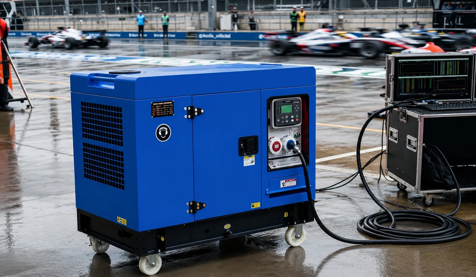 Dark-blue enclosed generator beside monitoring equipment in an outdoor motorsport setting
