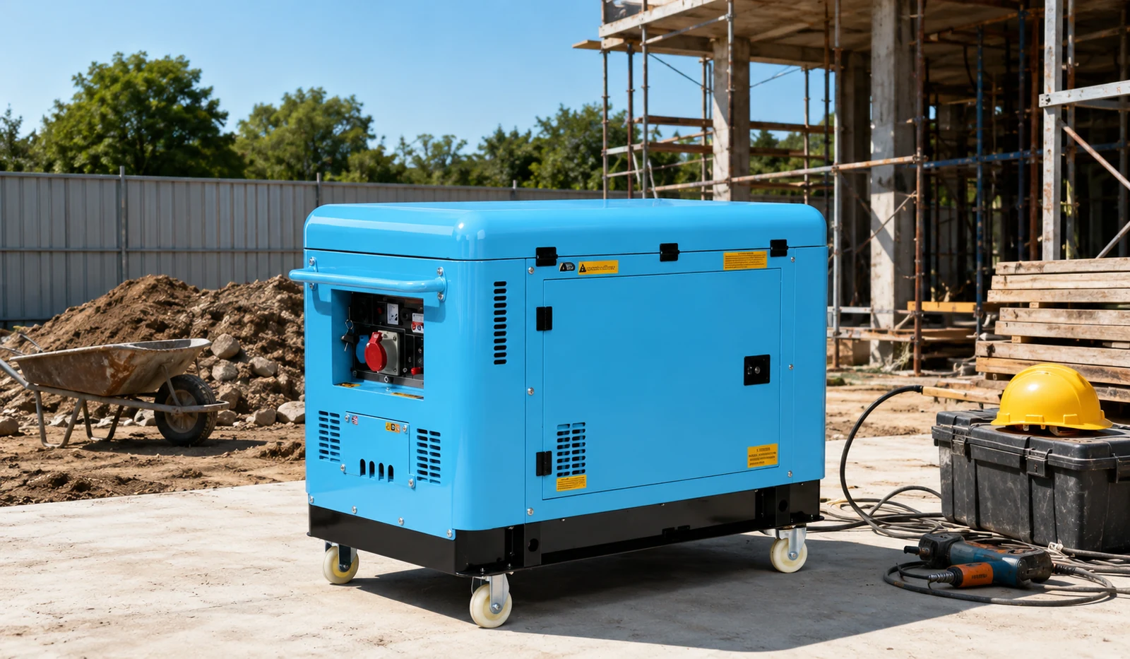 Blue enclosed generator shown in an outdoor construction-site planning context