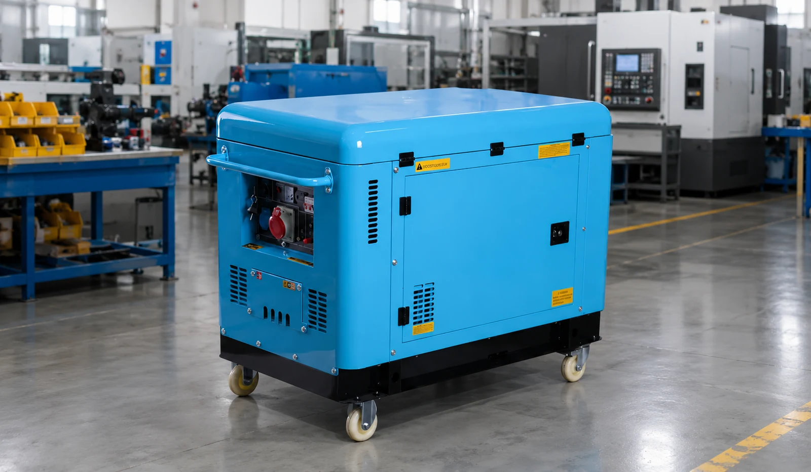 Conceptual illustration of a blue enclosed generator in a workshop planning context