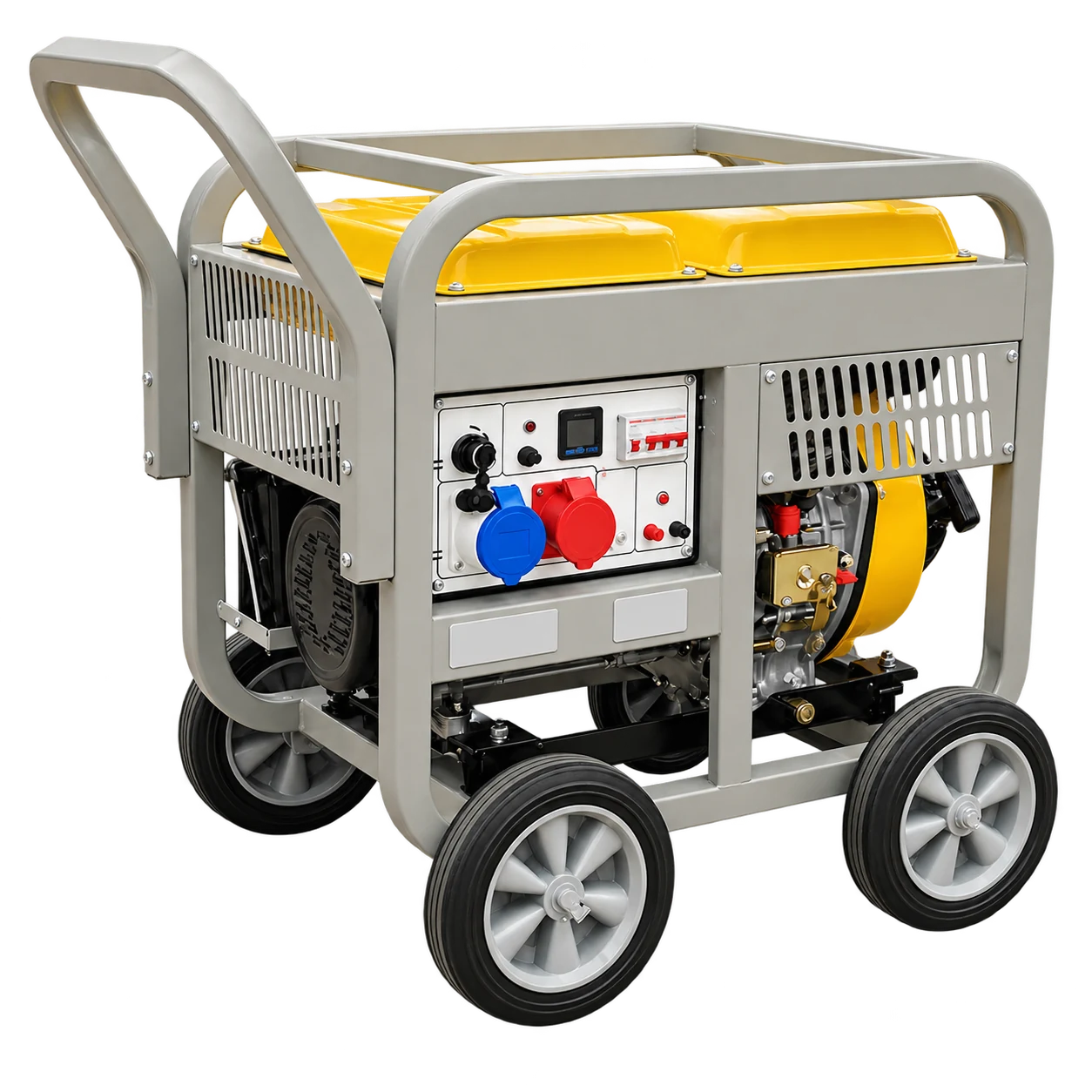 Yellow and warm-gray DG12000E3-3D open-frame diesel generator shown from the control-panel side