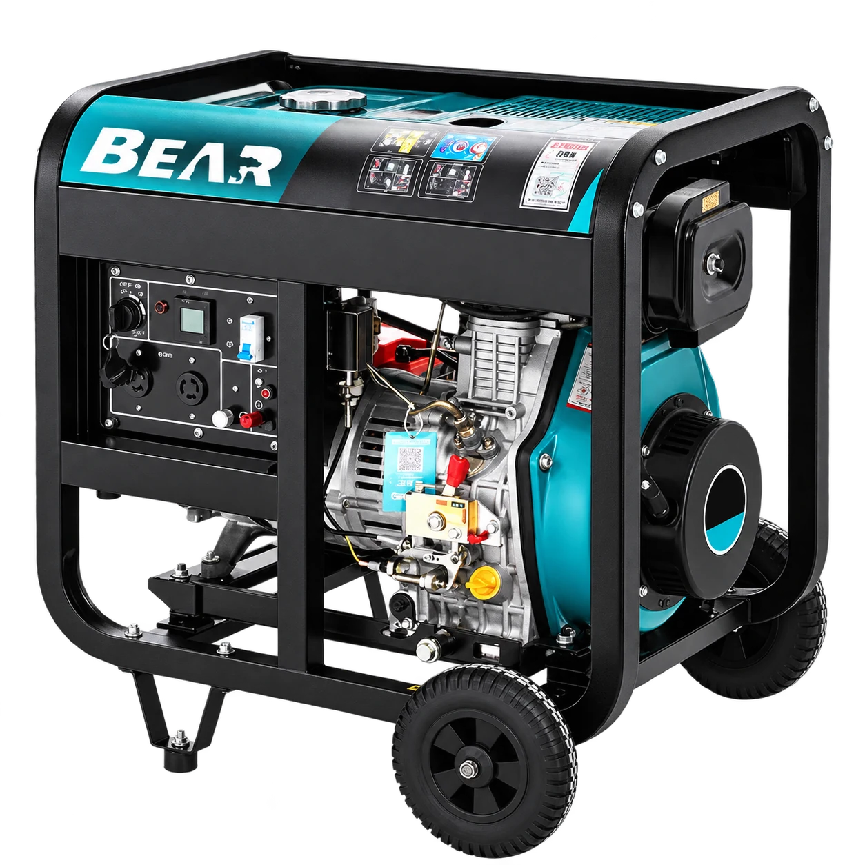 Teal and black BEAR open-frame diesel generator with wheels, control-panel and engine-side view