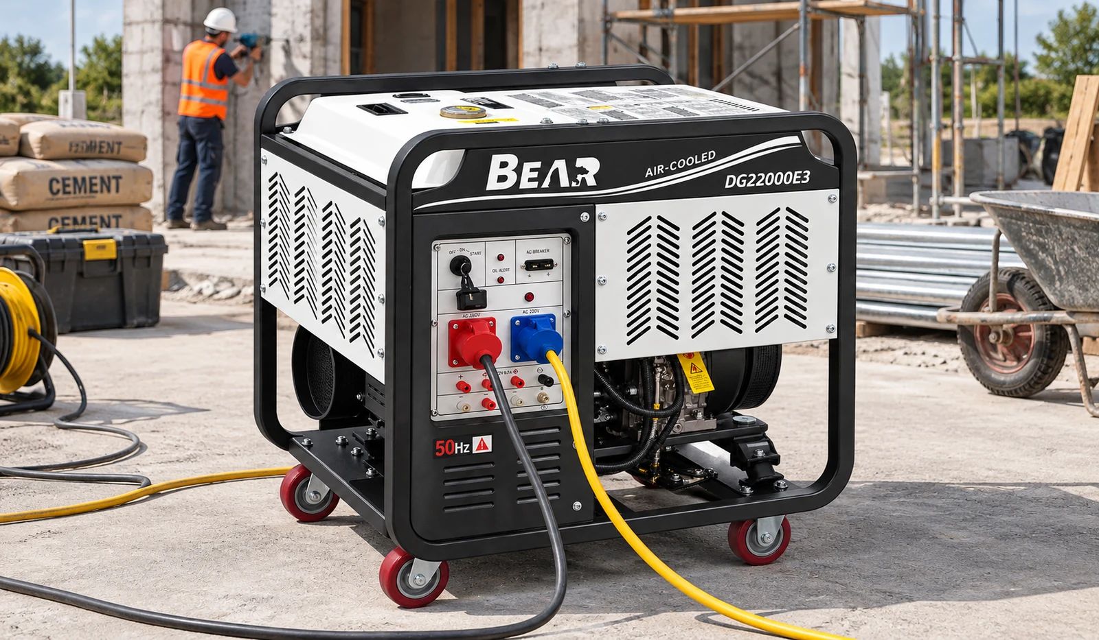 White and black BEAR open-frame diesel generator on an outdoor construction site