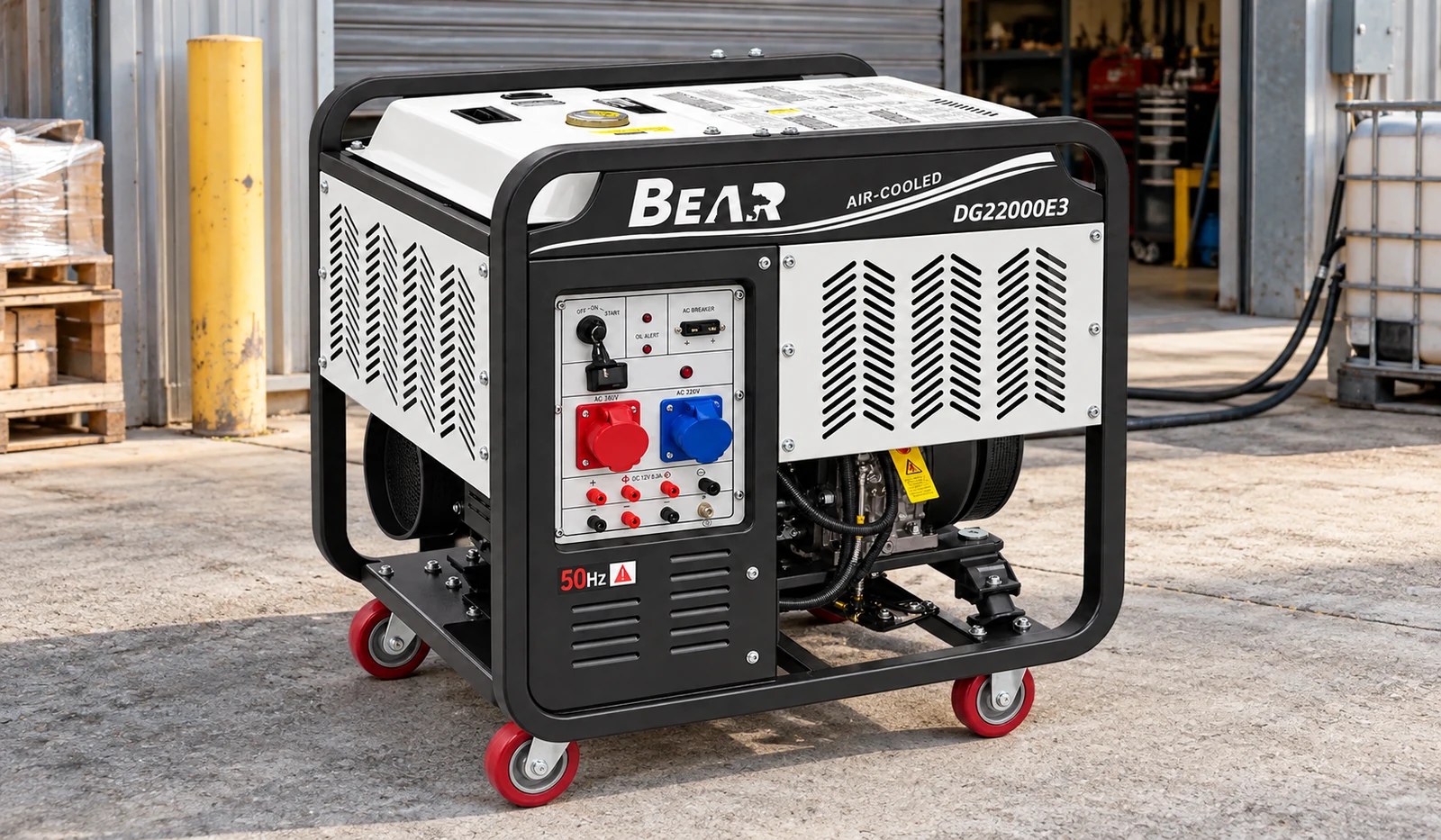 White and black BEAR open-frame diesel generator outside a workshop