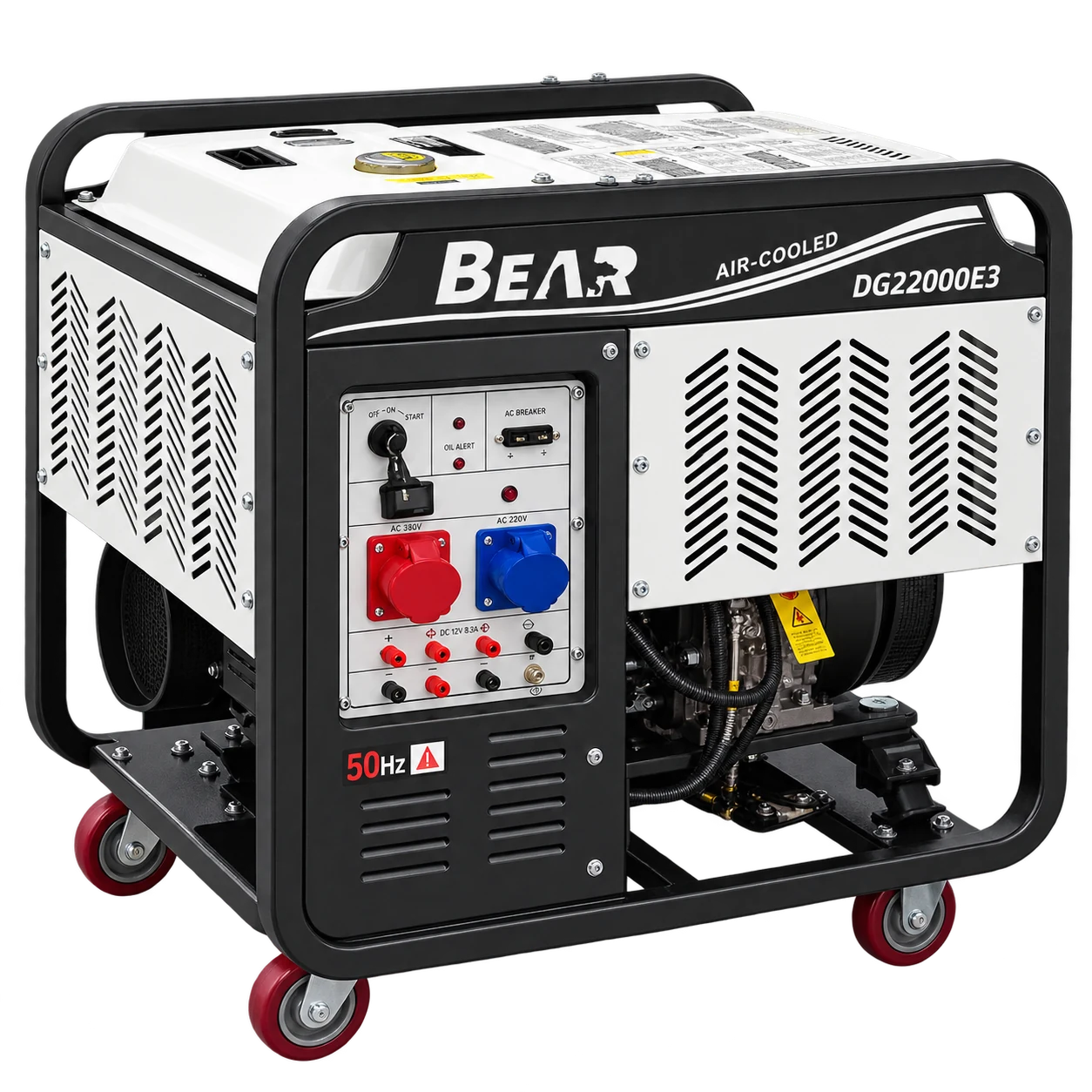 White and black BEAR diesel generator in an open frame with wheels, control-panel view