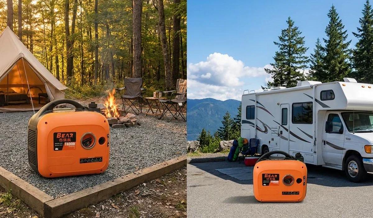 Conceptual camping and RV scenes featuring an orange BEAR H-X-4000-A generator