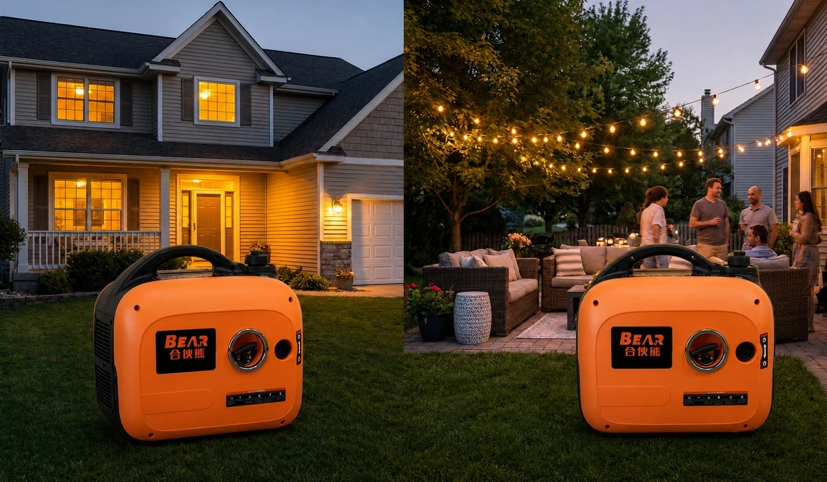 Two conceptual residential outdoor scenes featuring an orange BEAR H-X-4000-A generator