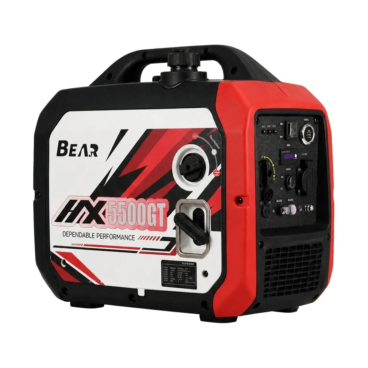 Red, black and white BEAR H-X-5500 enclosed generator shown from the control-panel side