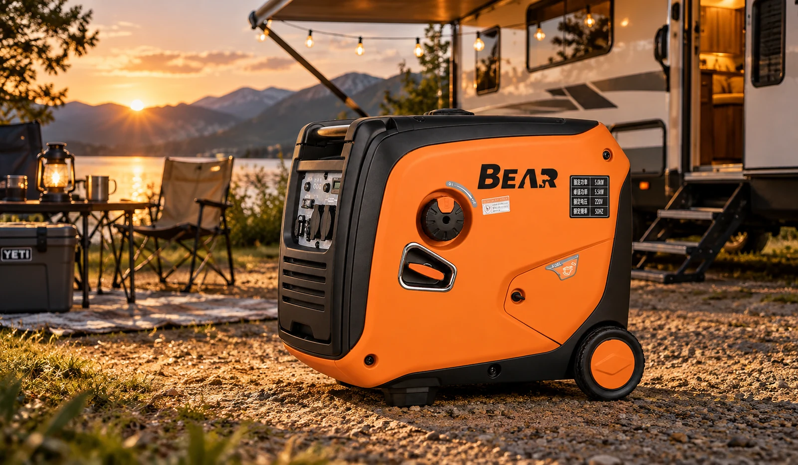 Orange BEAR generator in a lakeside campsite setting with a camper