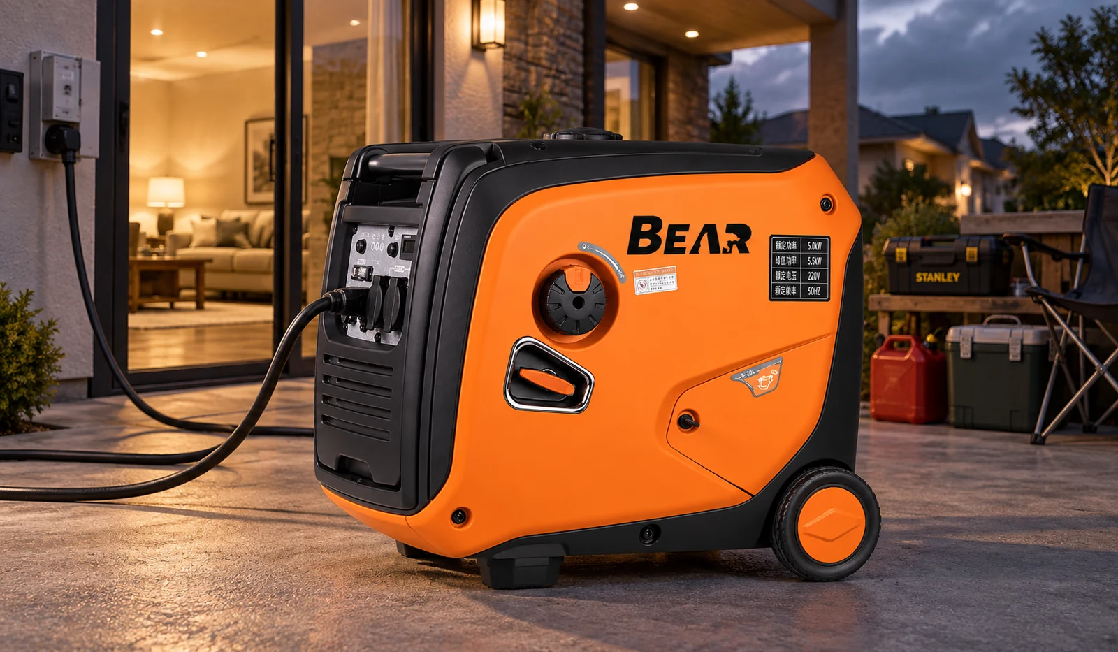 Orange BEAR generator in an outdoor residential setting