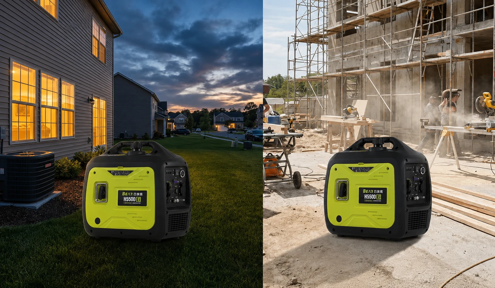 Conceptual home-backup and worksite scenes featuring the green H5500EI generator