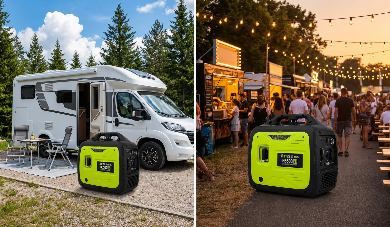 Conceptual RV and outdoor-event scenes featuring the green H5500EI generator