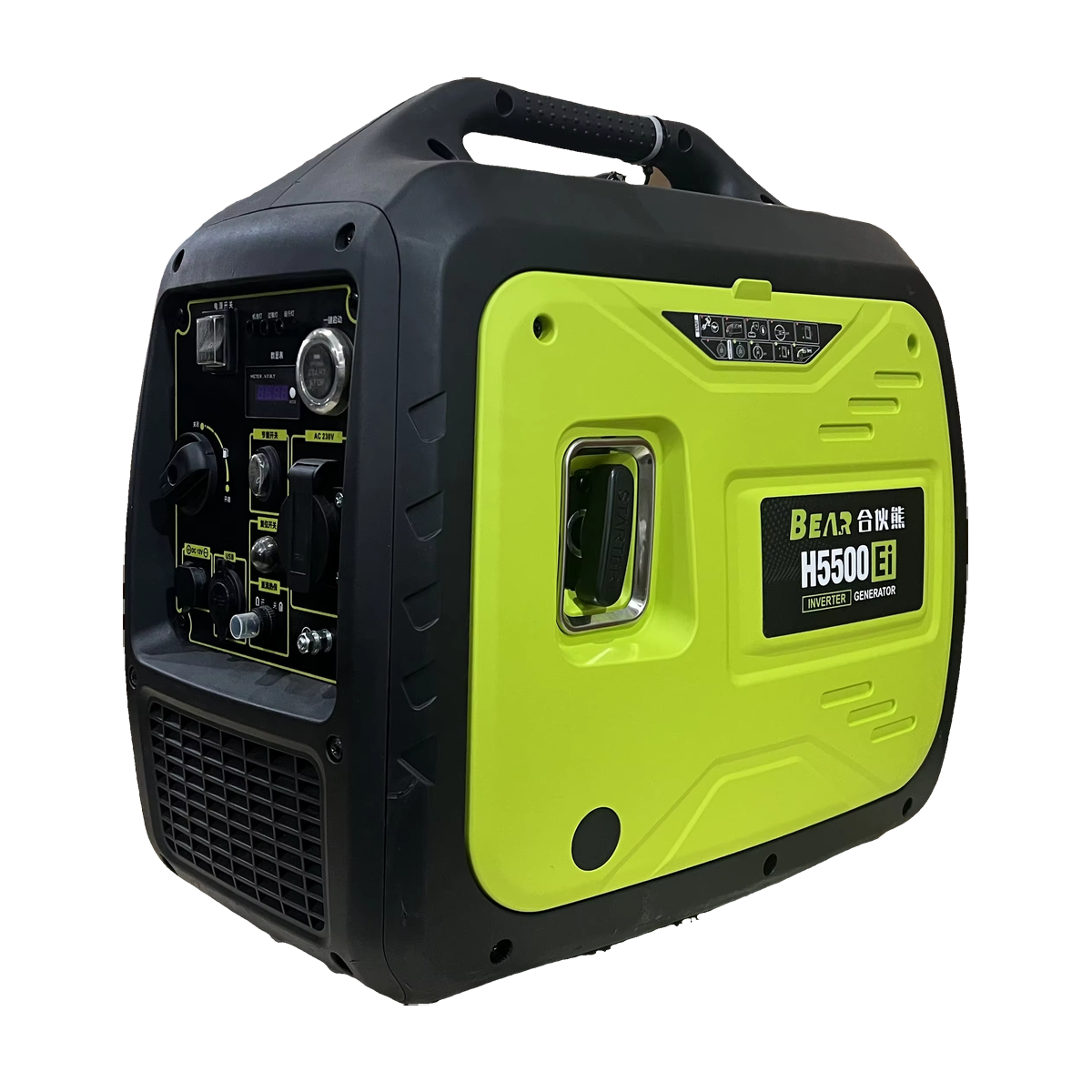Three-quarter enclosure view of the green and black H5500EI generator