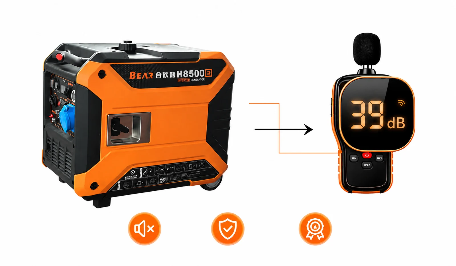H8500Ei generator beside an acoustic measurement illustration
