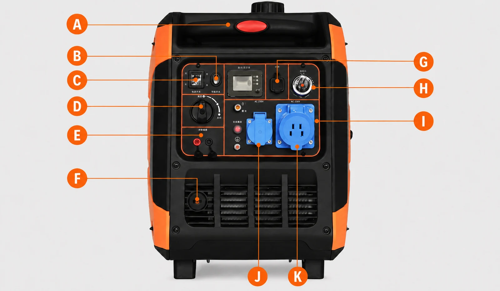 A to K callouts around the H8500Ei control panel