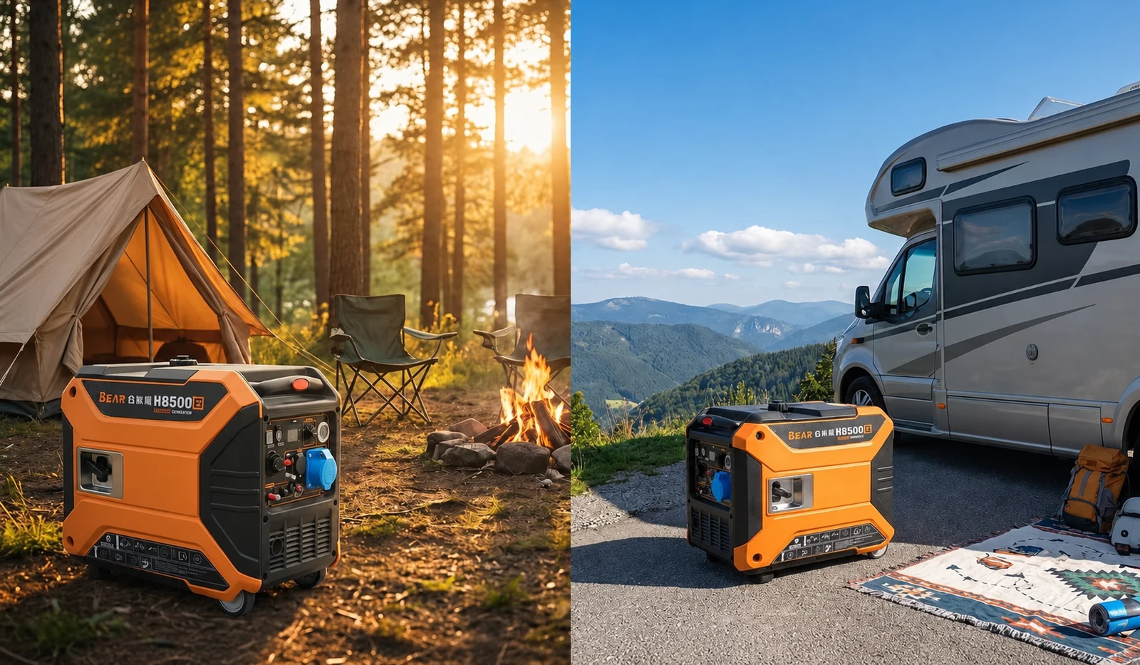 Camping and RV planning scenes with an orange H8500Ei generator