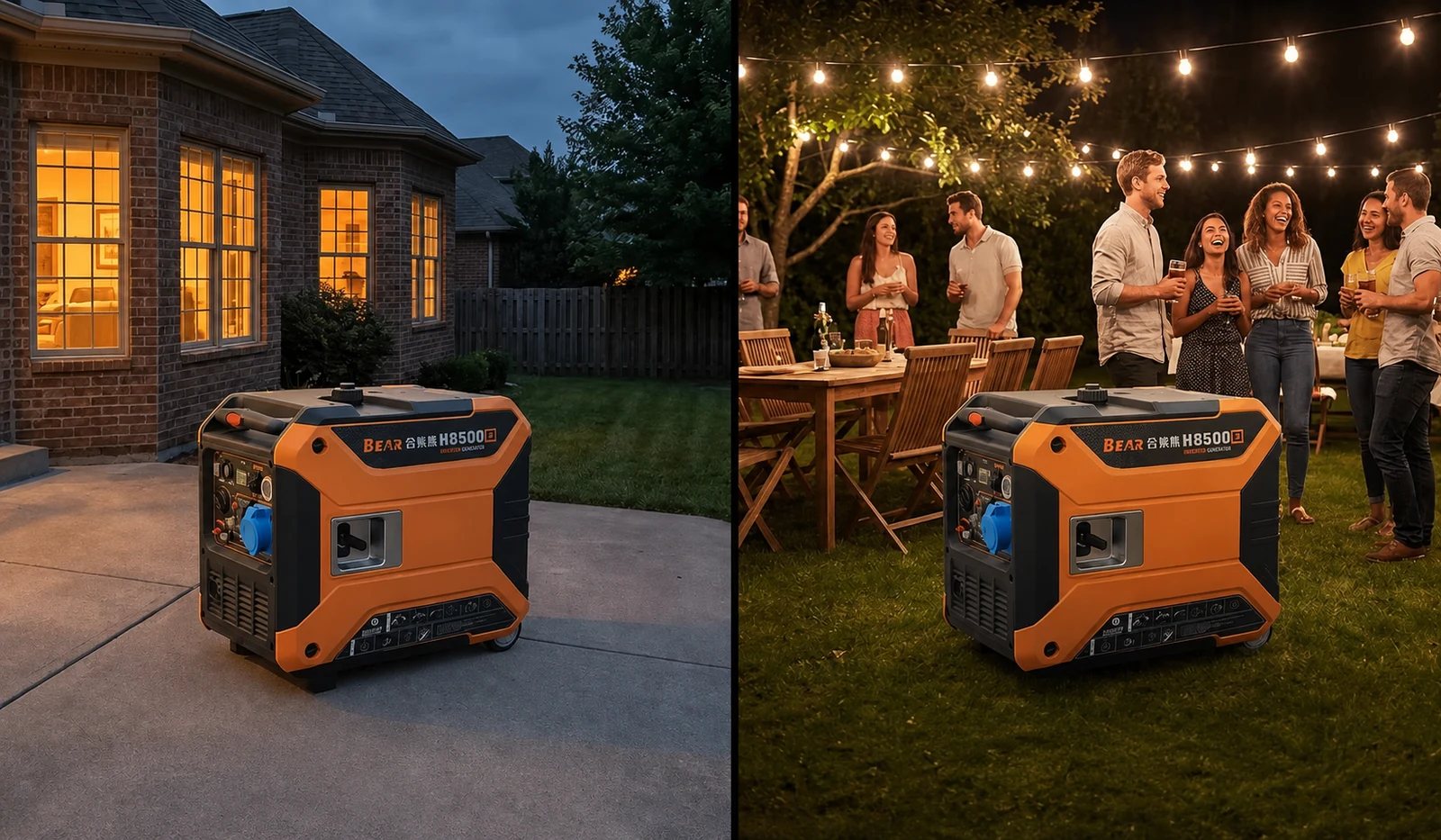 Residential yard and outdoor gathering planning scenes with an orange H8500Ei generator