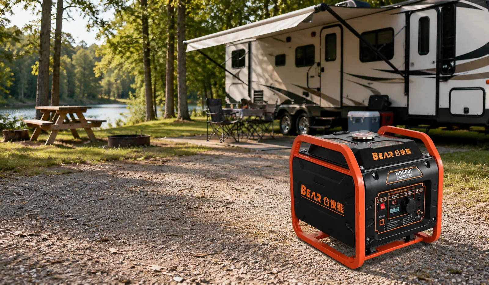 Illustrative RV campsite scene with an orange BEAR open-frame generator