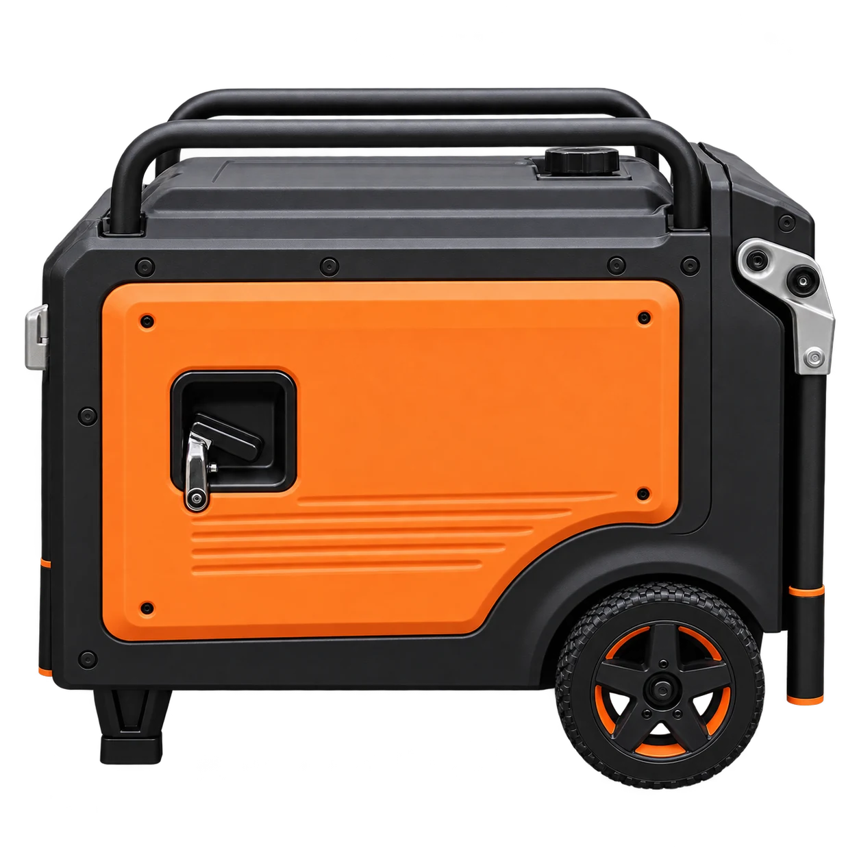 Orange and black enclosed generator shown square-on from the cabinet side