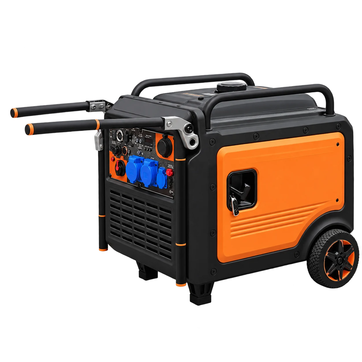 Orange and black enclosed generator in a control-side three-quarter view with both upper handles extended