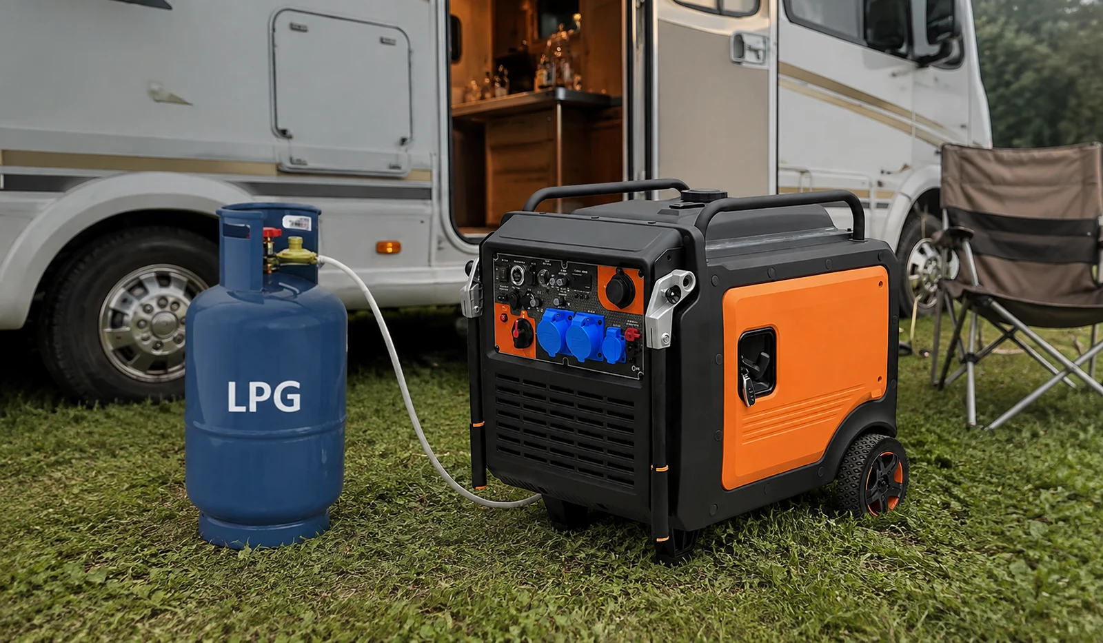 Orange and black enclosed generator beside a labelled fuel cylinder near a motorhome