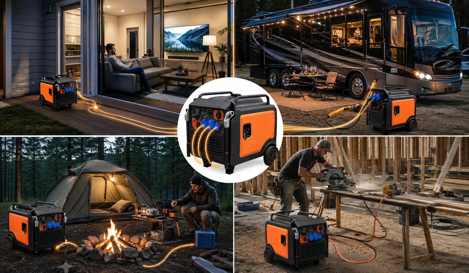Four outdoor planning scenes arranged around an orange and black enclosed generator