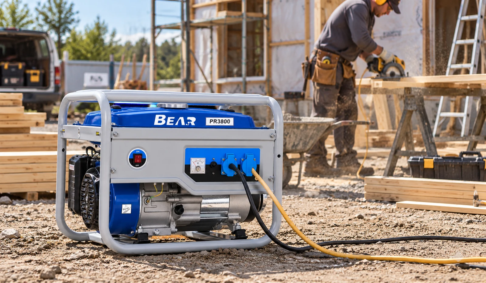 Blue and grey BEAR PR3800 generator in an outdoor construction setting