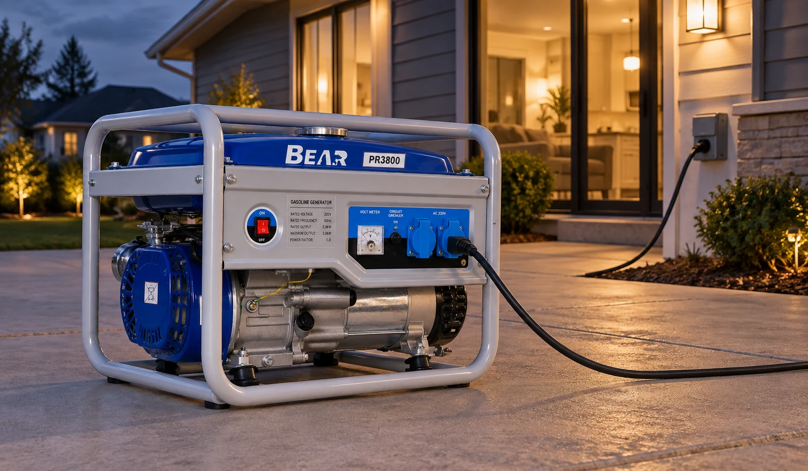 Blue and grey BEAR PR3800 generator on paving outside a house at dusk