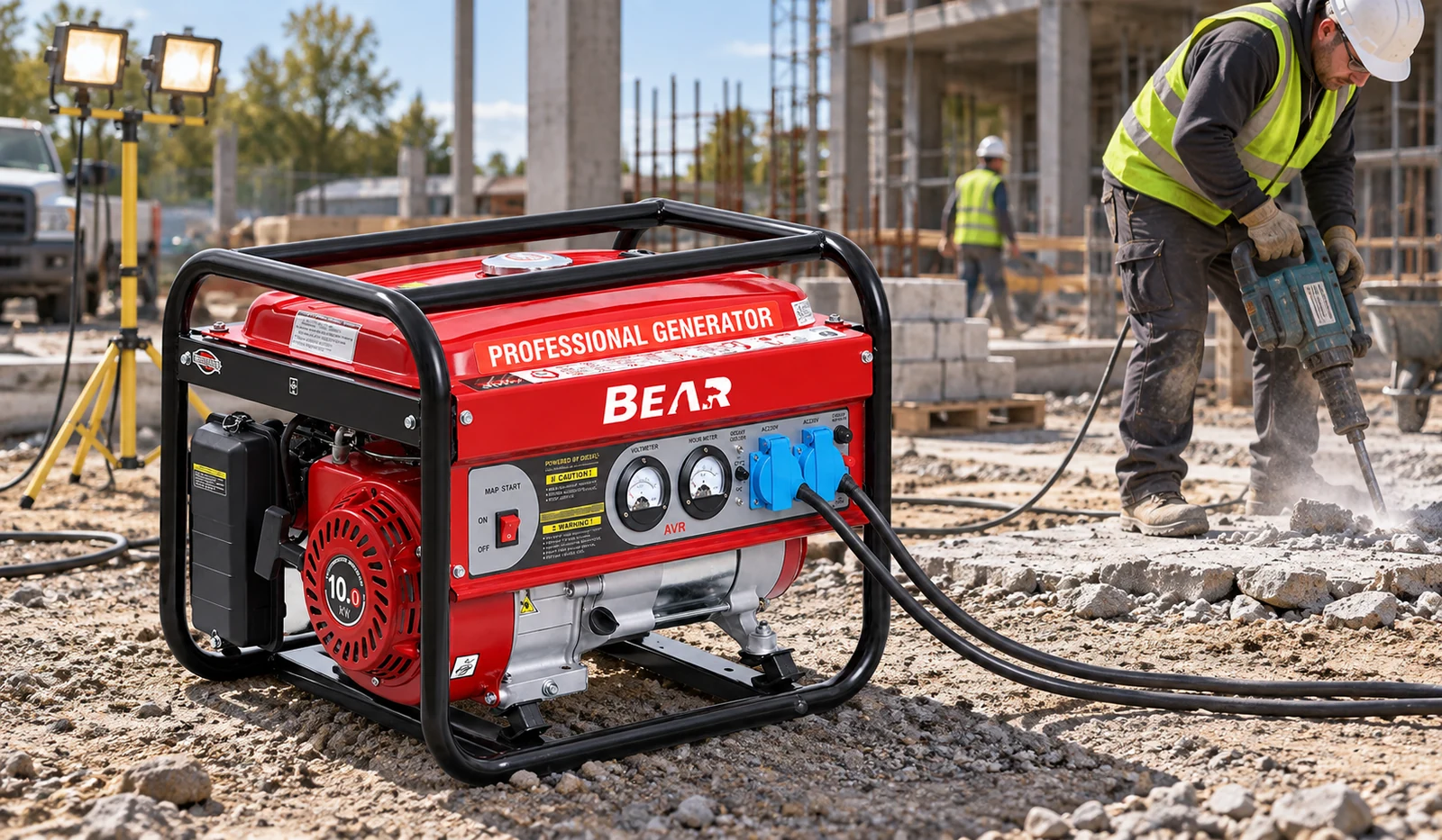 Red BEAR open-frame generator in an outdoor construction setting