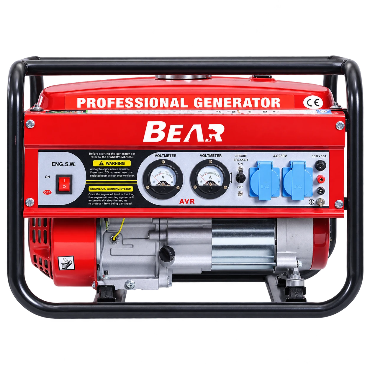 Red BEAR compact open-frame gasoline generator viewed from the control-panel side