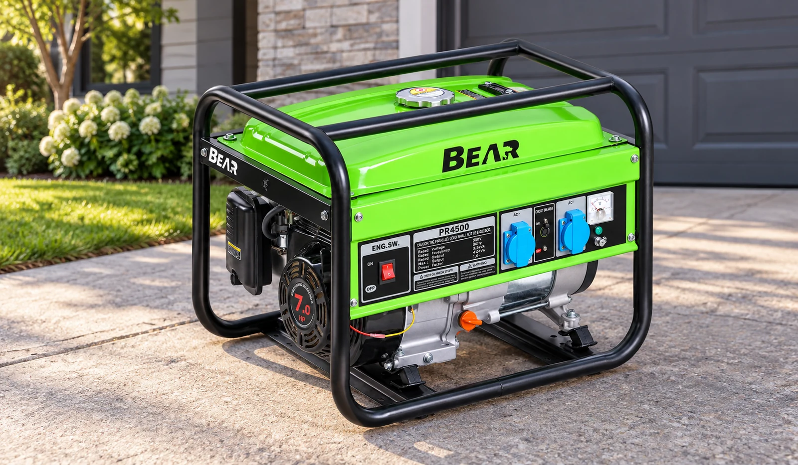 Green BEAR PR4500 generator on a paved driveway, three-quarter view