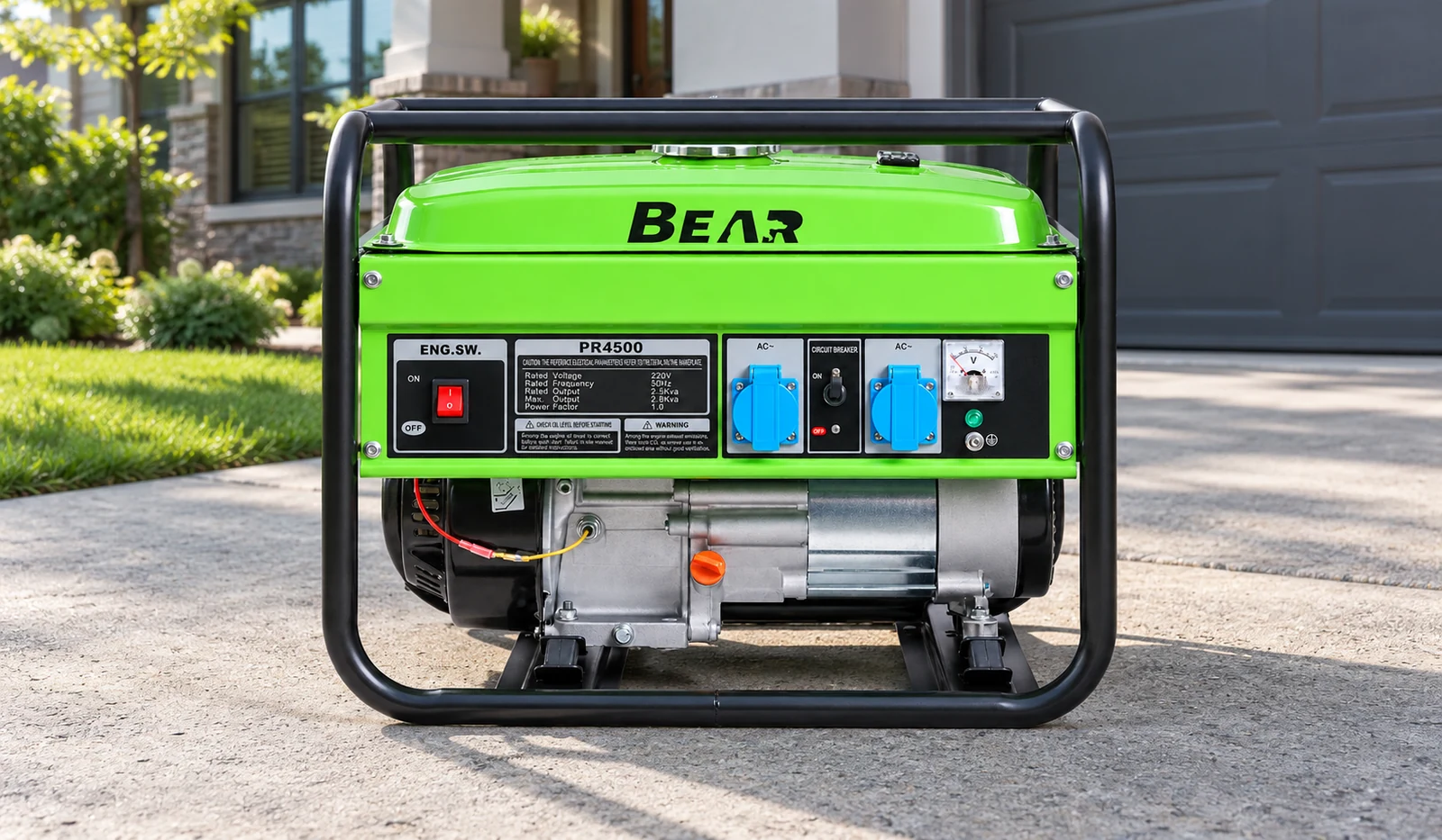Green BEAR PR4500 generator on a paved driveway, front view