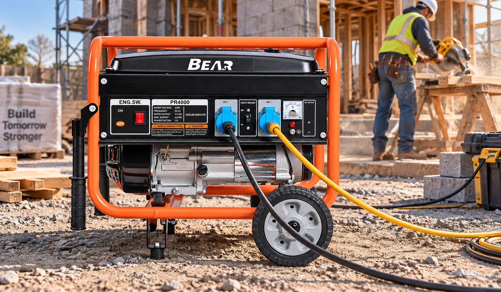 Orange and black BEAR PR6500 wheeled generator in an outdoor construction setting