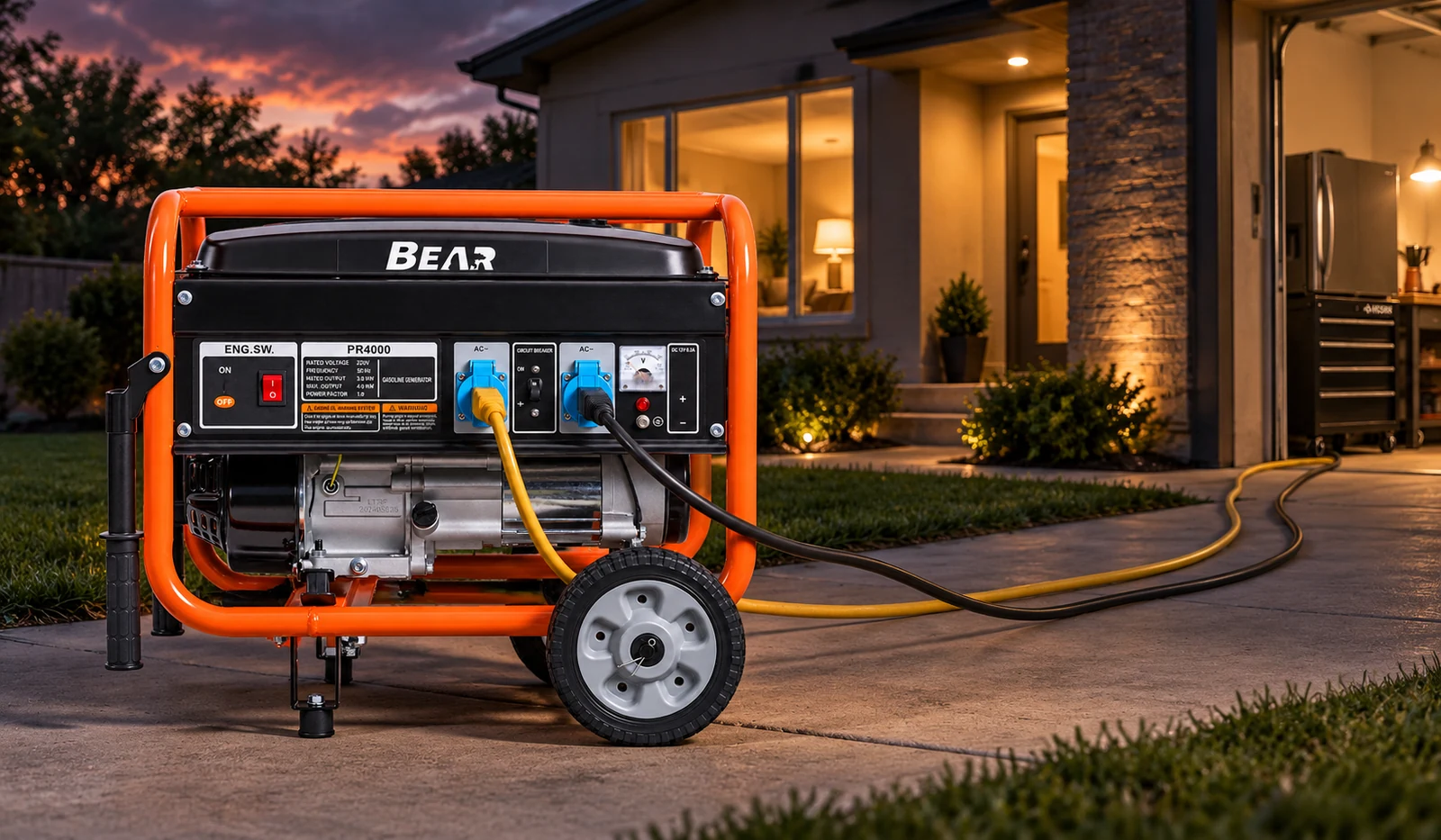 Orange and black BEAR PR6500 wheeled generator on a driveway at dusk