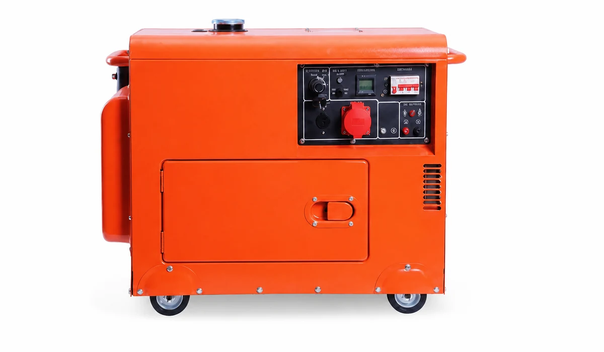 Orange enclosed diesel generator with its cabinet, wheels and control area visible