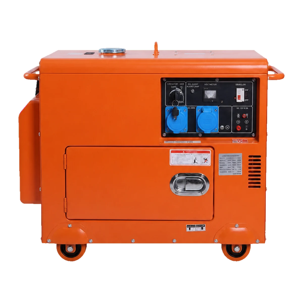 Three-quarter view of an orange enclosed diesel generator from the BEAR source set