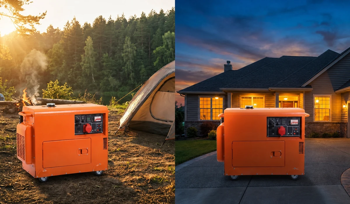 Orange enclosed diesel generator pictured in an outdoor property scene