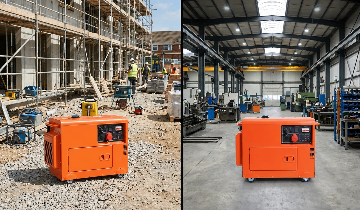 Orange enclosed diesel generator pictured in an outdoor worksite scene