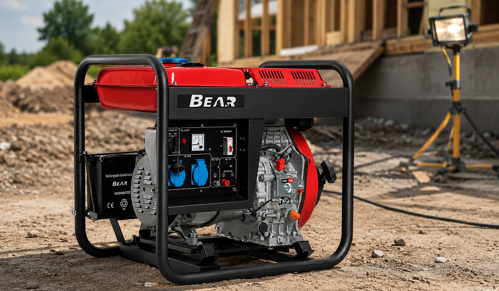 Red open-frame generator beside a portable work light at a construction site