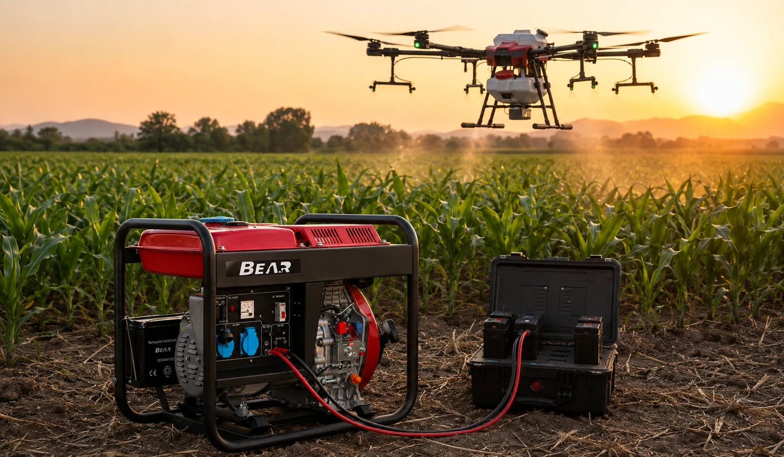 Red open-frame generator with a battery case and agricultural drone above a crop field
